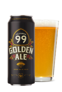 Image of 99 Golden Ale beer can with glass of beer