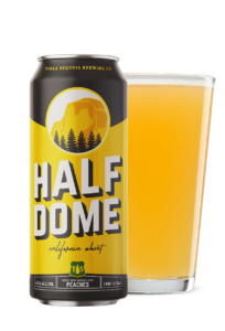 Can of Half Dome Peach California Wheat beer with glass of beer