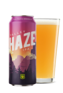 Image of Valley Haze IPA beer can and pint of beer